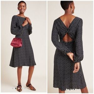 NWT Anthropologie Agatha Midi Twist Back Dress - Black with White Dots Size 10